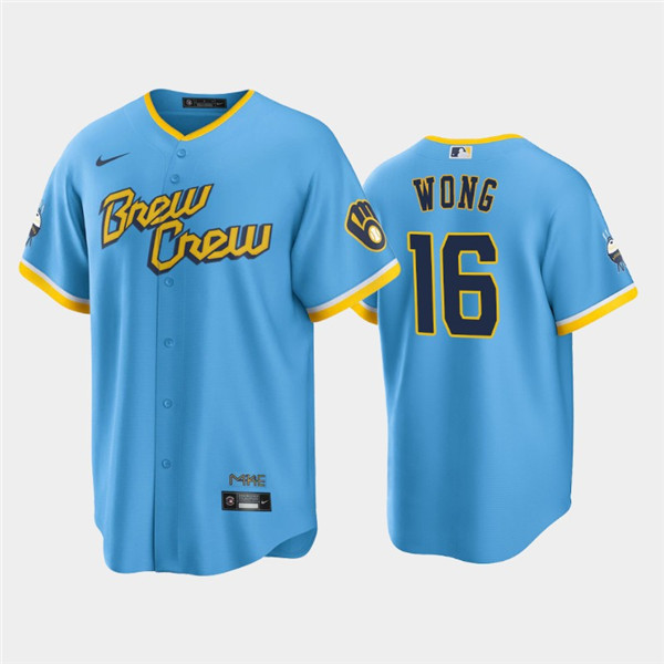 Men's Powder Blue Milwaukee Brewers #16 Kolten Wong 2022 City Connect Cool Base Stitched Jersey